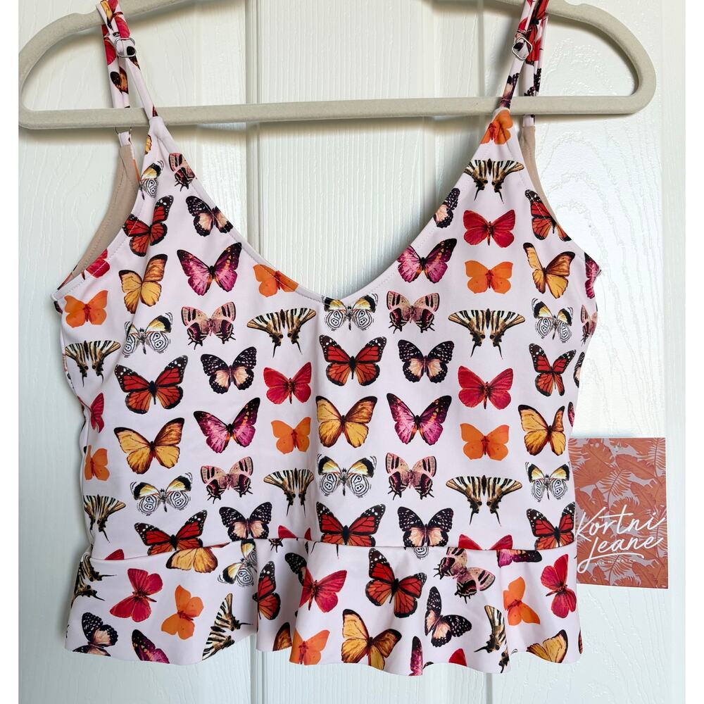 NWT KORTNI JEANE Scoop Back Swim Top WOMENS L Large Butterfly Print